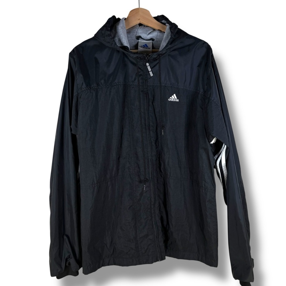 Adidas Vintage Men's Black Windbreaker w/ Hoodier, Lining & Full Zipper Y2K XL